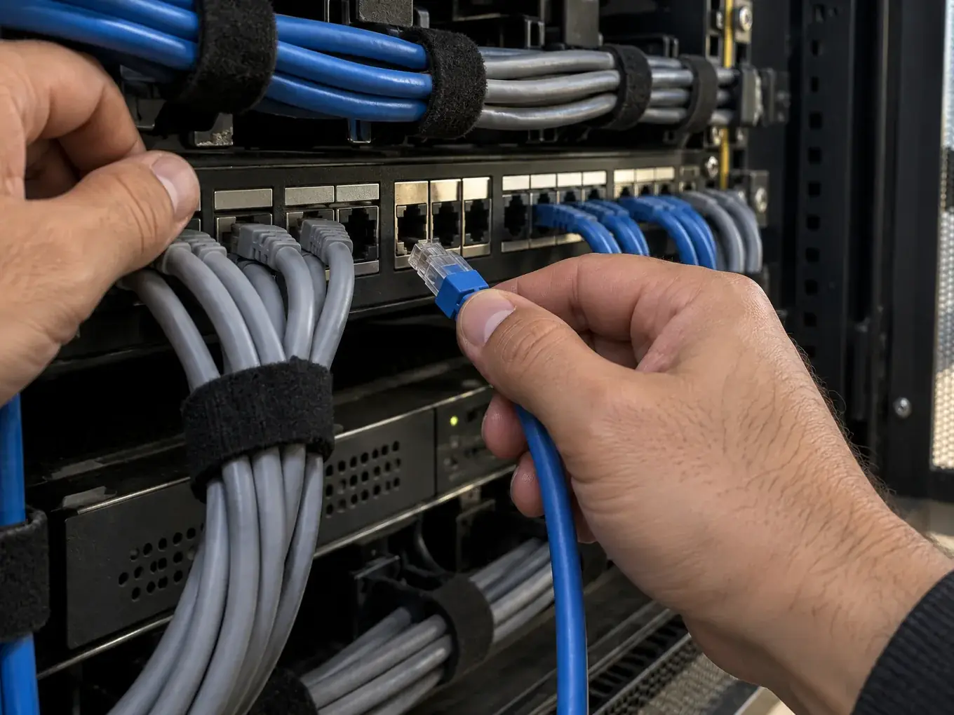 Manos conectando un cable de red azul a un patch panel, en un rack con los cables ordenados con velcro