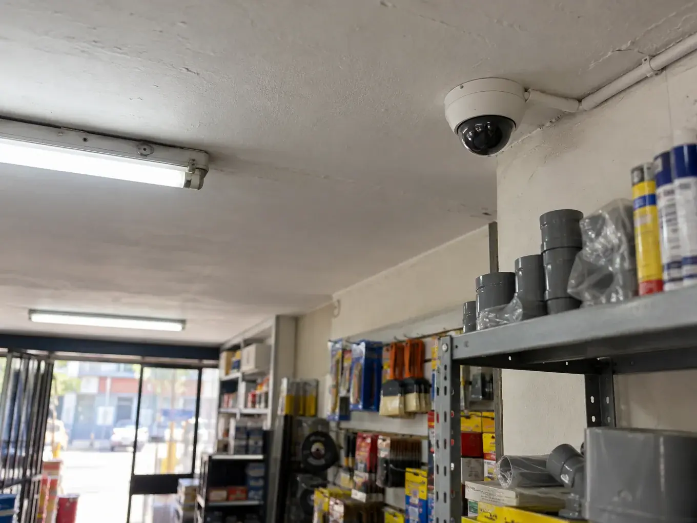 Cámara domo instalada en el techo de una ferretería, sobre los estantes de productos