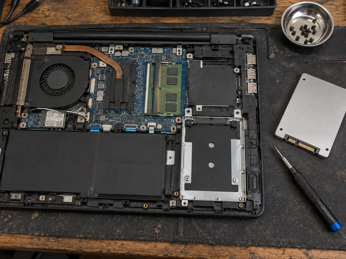 Notebook abierto por debajo junto a un disco SSD nuevo y un destornillador