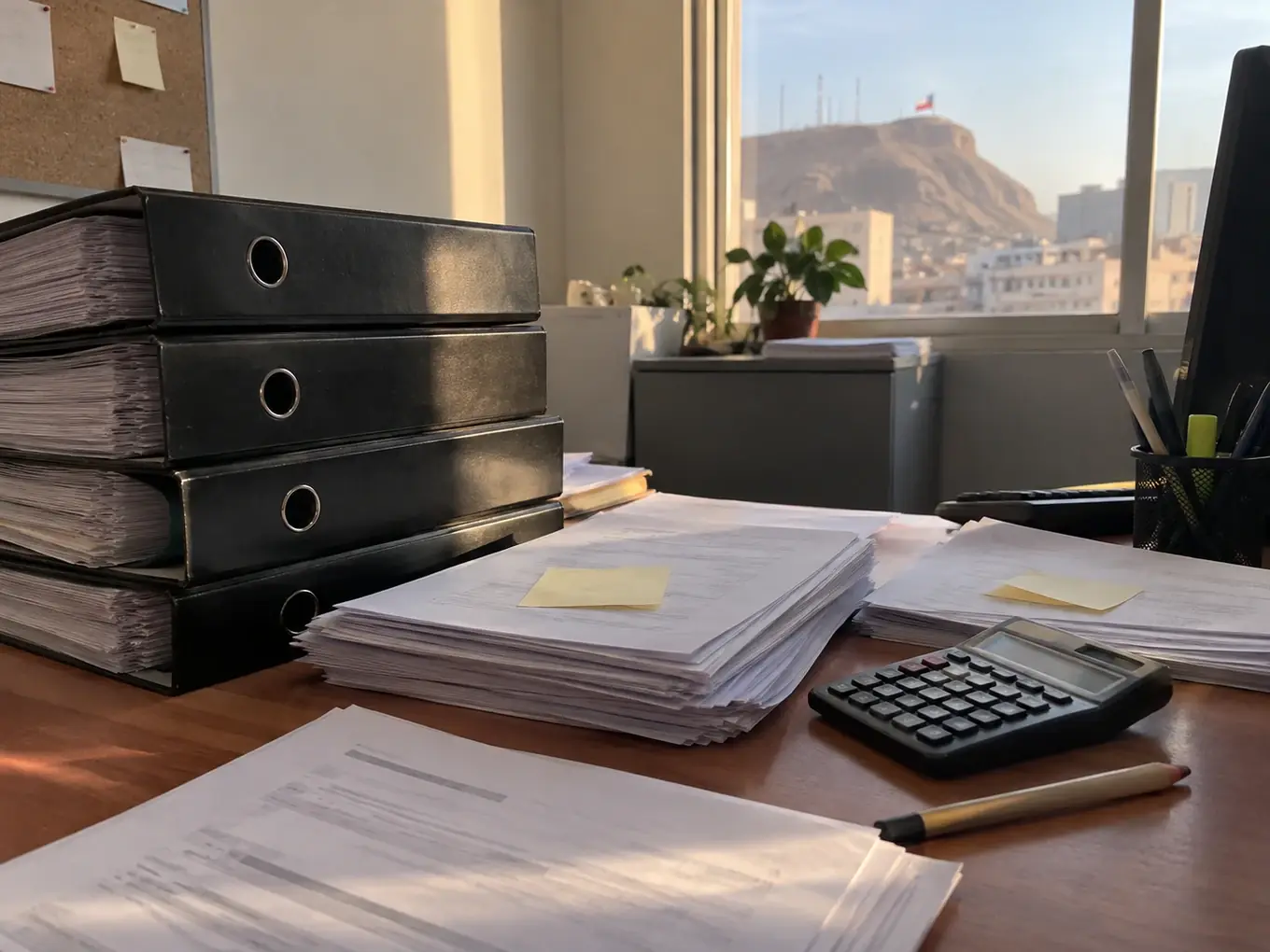 Archivadores y planillas impresas en el escritorio de una oficina