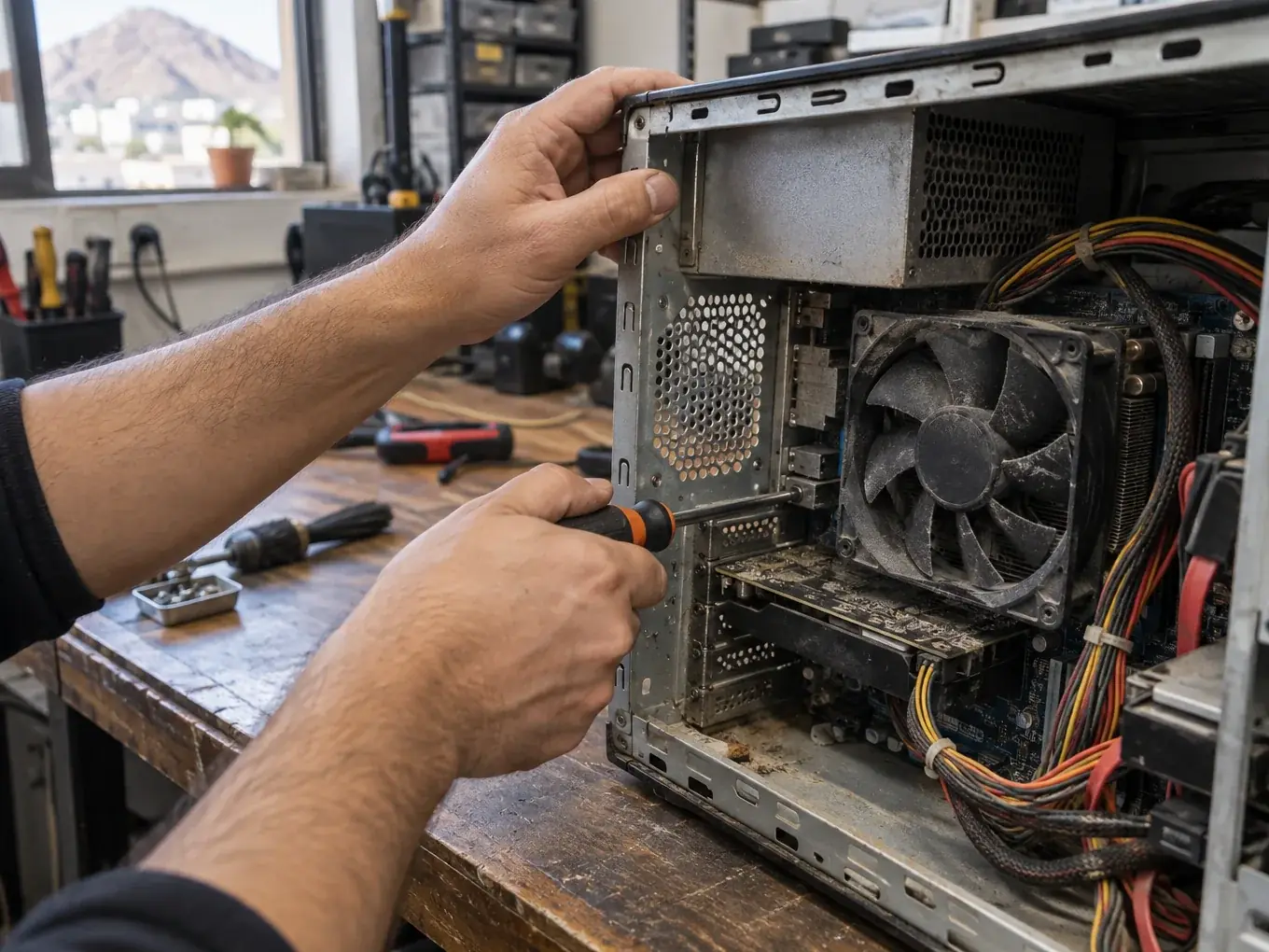 Manos destornillando una tarjeta de video dentro de un computador de escritorio abierto, con el ventilador cubierto de polvo