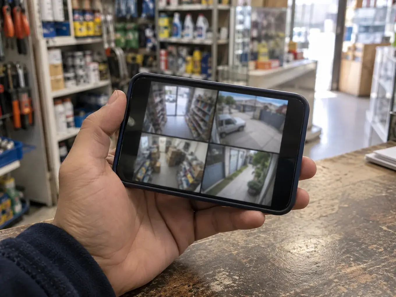 Celular mostrando cuatro vistas de cámaras de seguridad de un local