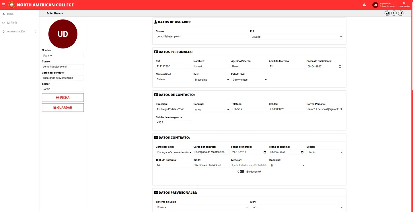 Captura de la ficha de un trabajador en SistemaNAC con sus datos personales, de contacto y de contrato