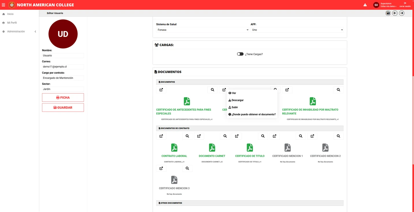 Captura de los documentos de un trabajador en SistemaNAC, con las opciones para ver, descargar o subir cada uno